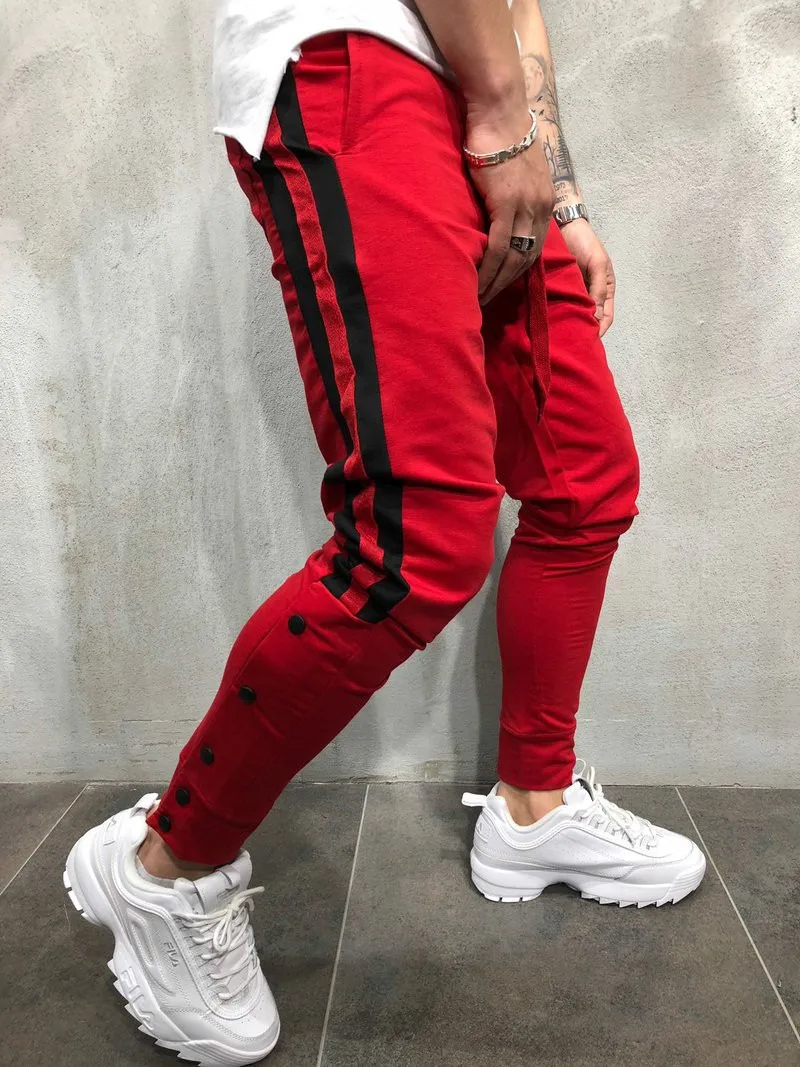Популярные мужские спортивные штаны с боковой полосой, спортивные штаны в стиле хип-хоп, уличная одежда, обтягивающие спортивные штаны для бега, мужские повседневные брюки с эластичной резинкой на талии - Цвет: Красный