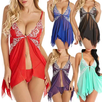 

Sexy Womens Sleepwear V Neck Floral Lingerie Set Open Front Sleepdress Nightgowns Closure Mesh Sheer Nightgown Sexy Lingerie@50