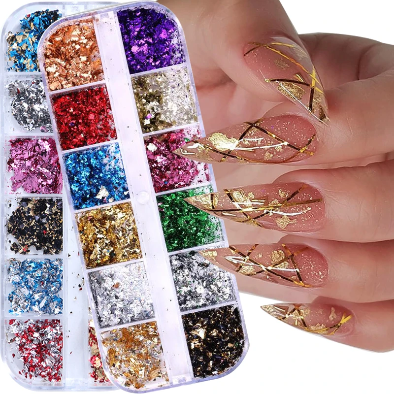 12 color gold foils Nails glitter random aluminum flakes paillette chip Nail design shinny sparkles Nail art decoration
