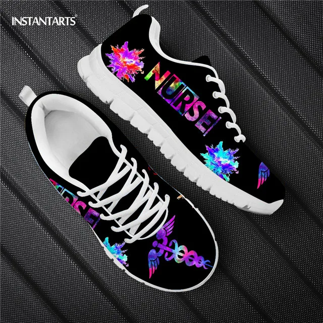 INSTANTARTS New Cartoon Nurse Shoes for Women Medical Heart Beat Brand Design Breathable Sneakers Flats Shoes Zapatos Mujer 