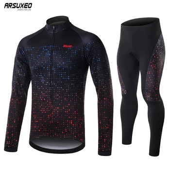

ARSUXEO Men's Winter Fleece Cycling Jersey Set Pro Long Sleeve Cycling Clothing Mountain Bike Pants MTB Bicycle Suits Wear