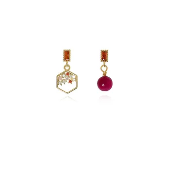 

2020 New Trend Micro-inlaid Light Luxury Short Earrings Explosion One Red Bean Asymmetric Ear Stud Earrings Women's Gift