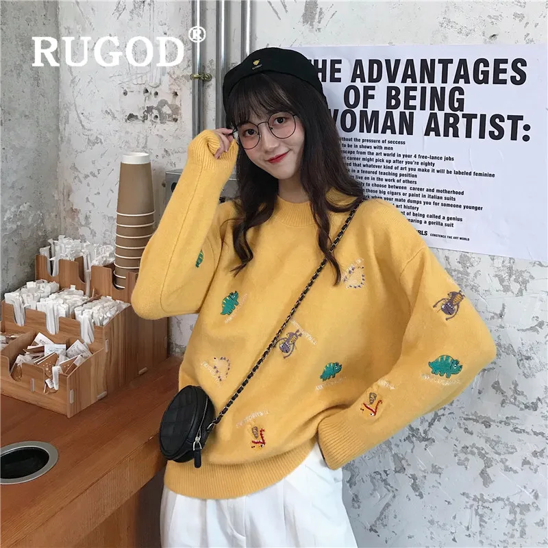 

RUGOD O-neck Sweater Women Korean Style Animal Embroidery Pullover Sweaters Casual Lady Loose Pull Femme Hiver 2019