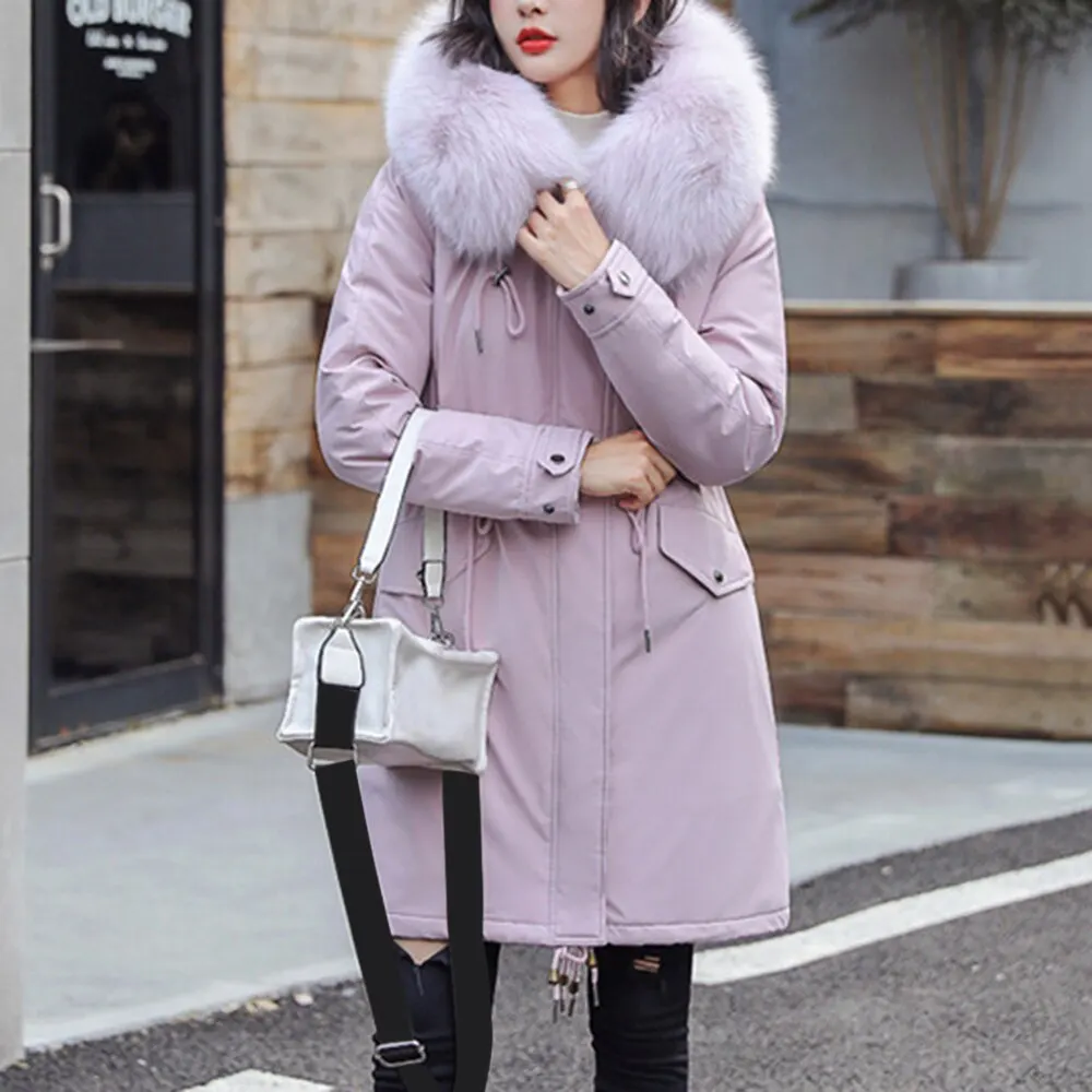 NIBESSER Cotton Liner Warm Coat Waterproof Jacket Women Plus Size Slim Long Coat Female Winter Big Fur Hooded Parka Mujer Coats - Цвет: pink