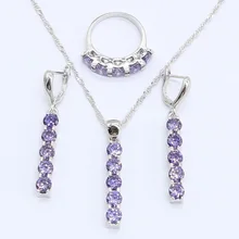 Геометрический сиреневый Циркон комплекты украшений для женщин 925 Серебряное ожерелье длинные серьги с подвесками кольца Подарочная коробка