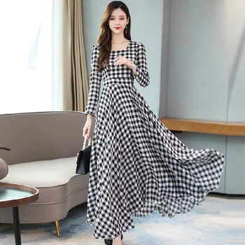 

Ladies Casual Evening Party Long Sleeve Round Neck A Line Plaid Swing Maxi Dress