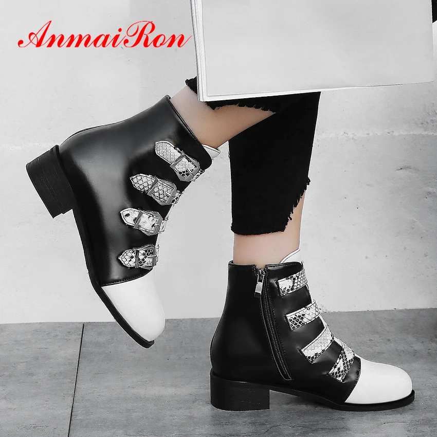 

ANMAIRON Round Toe Hoof Heels Snake Boots Women PU Winter Zip Ankle Boots for Women Mixed Colors Short Plush Buckle Women Shoes