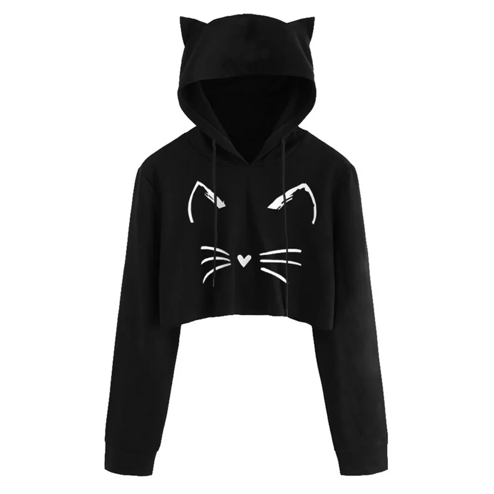 

Women's Sweatshirt sudadera Sexy Long Sleeve Cat Kitty Print Short harajuku Hoodies Casual Pullover Sweatshirt sudadera mujer