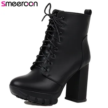 

Smeeroon 2020 new arrive high heels ladies platform boots round toe cross tied zip autumn winter dress shoes women ankle boots