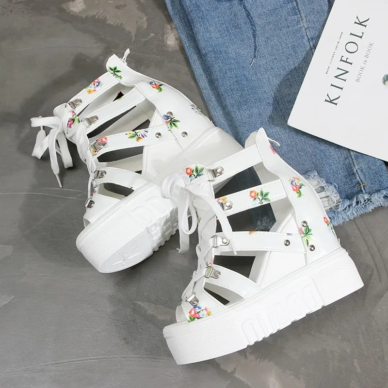 

2019 Summer New Style Rome Elevator Sandals Thick Bottomed Slanted Heel Lace up Front Fashion Floral Fish Mouth WOMEN'S Shoes