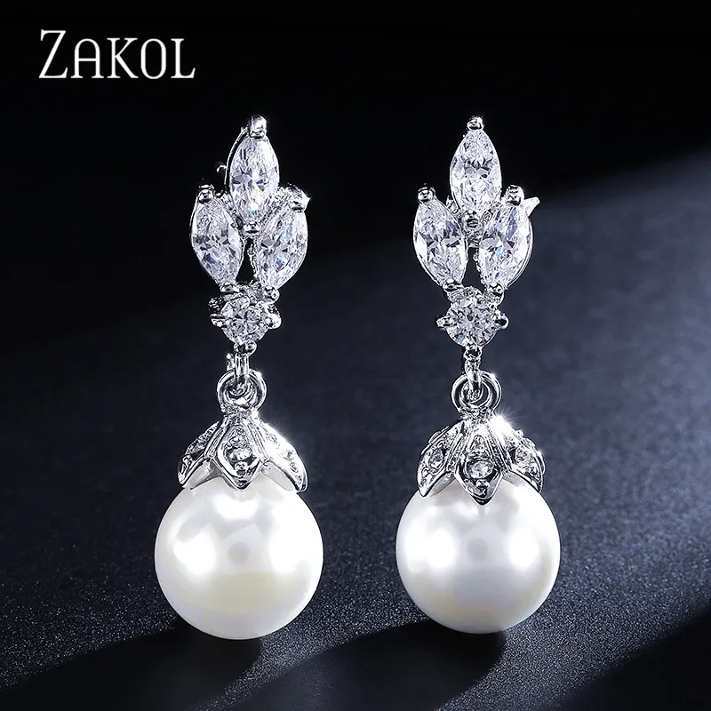 White Color Женские серьги-капли в форме листа из нежного кубического циркония ZAKOL, модные свадебные украшения с искусственным жемчугом, подарок FSEP517 - Окраска металла: White Color