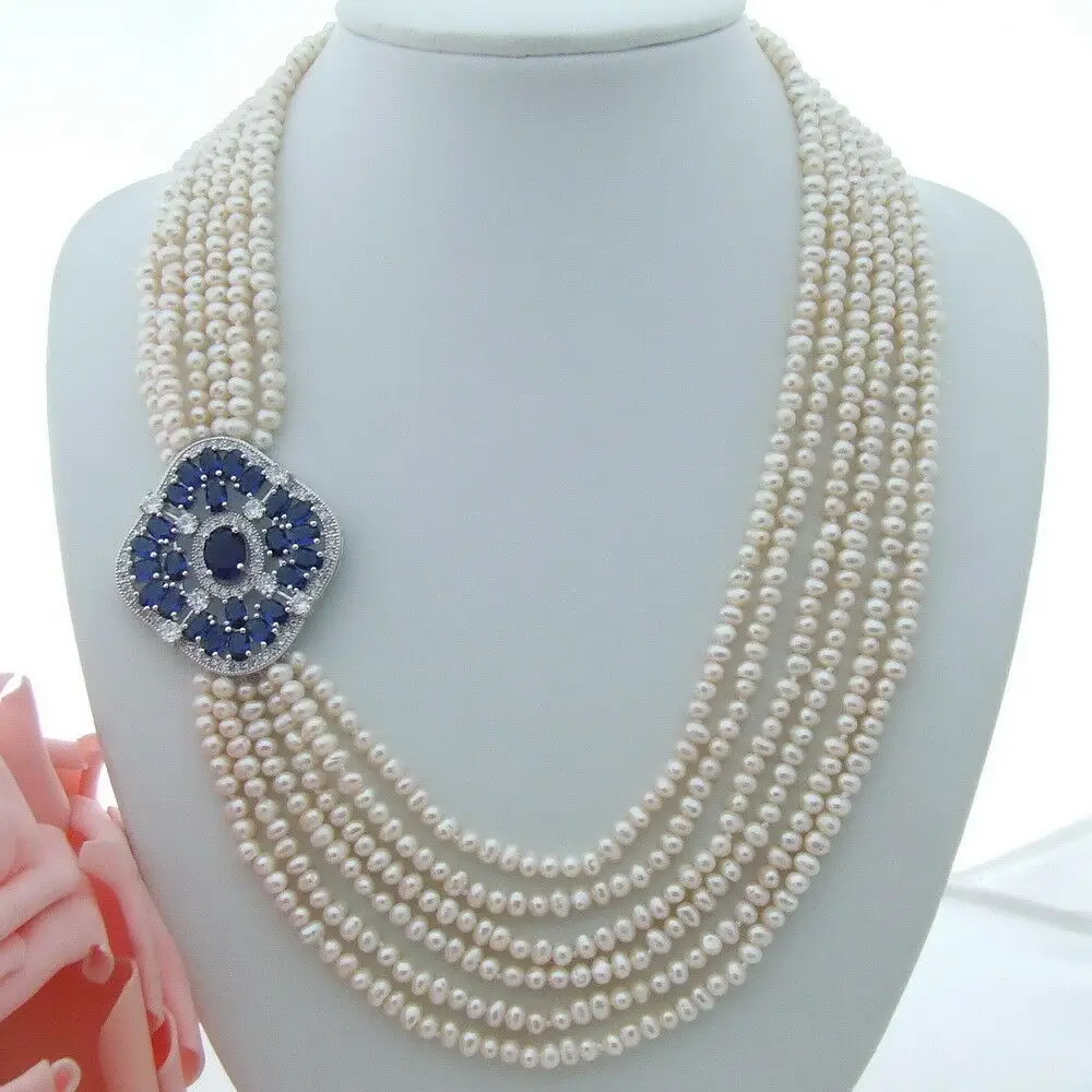 

Handmade natural 6strands white pearl necklace micro inlay zircon accessories sweater necklace long 50-61 cm