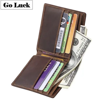 

GO-LUCK Brand Men Pocket Wallet Crazy Horse Genuine Leather Credit ID Cardholder Wallets Men's Bill Purse