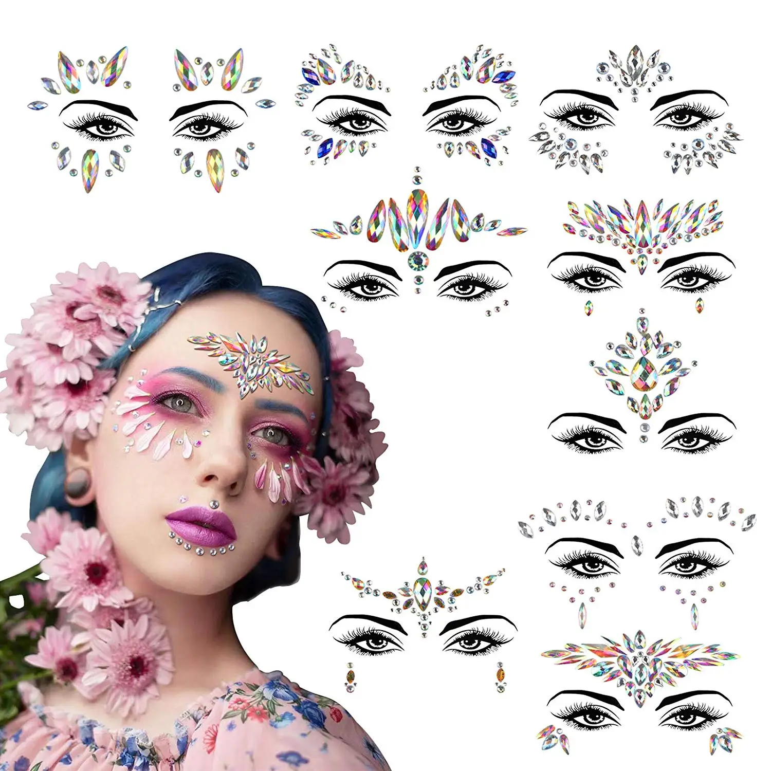 

9 Pack Mermaid Face Gems Rave Festival Face Jewels Elf Make-up Rhinestones Stickers Fairy Glitter Temporary Tattoo Crystals