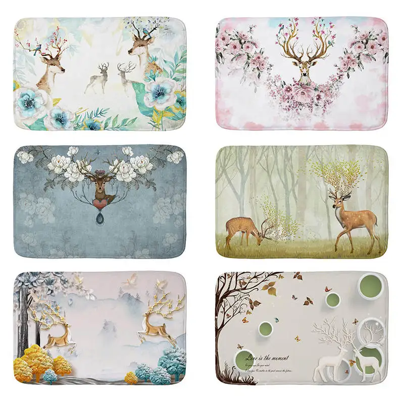 Best Flower Sika Deer Theme print Flannel Floor Mat Anti Slip Tapete Floor Mats Rugs for Kitchen Doormat welcome mats for front door