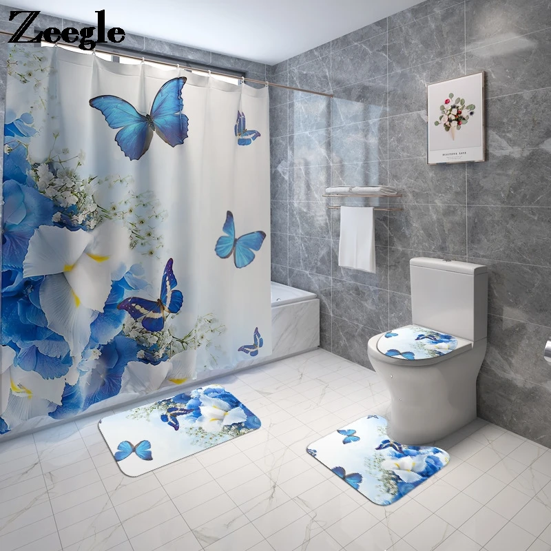Floral Bath Mat and Shower Curtain Set Shower Curtain with Rugs Anti Skid Bathroom Carpet Toilet Foot Pad Bath Mat Europe