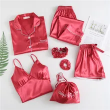 

Spring New Fashion Home Clothing Sexy Silk 7 Piece Set Autumn Shorts Pjs Sleeping Suit Girl Pink Pajama Satin Pyjamas Women's