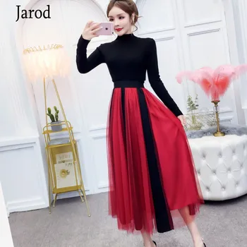 

2020 Autumn Women Knit black Long sleeve Pullover Sweaters+Elastic Waist Hit Color Patchwork Red Mesh Maxi Skirts 2 Pieces Set