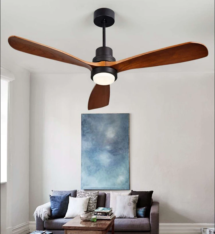 Antique natural 3 solid wood blades decorative fan ceiling energy saving ceiling fans with dimmable led lights