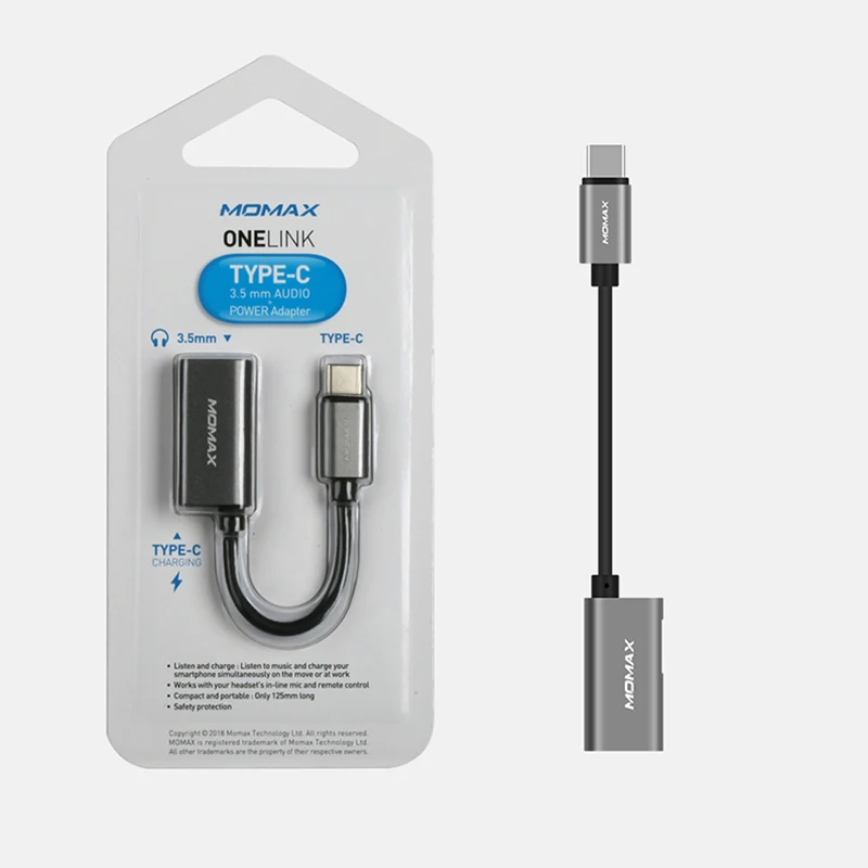 Адаптер Momax HT1 elite USB C(USB C к разъему для наушников 3,5 мм) чистый звук качество Plug and play сплав интерфейс соединительная линия - Цвет: Deep grey