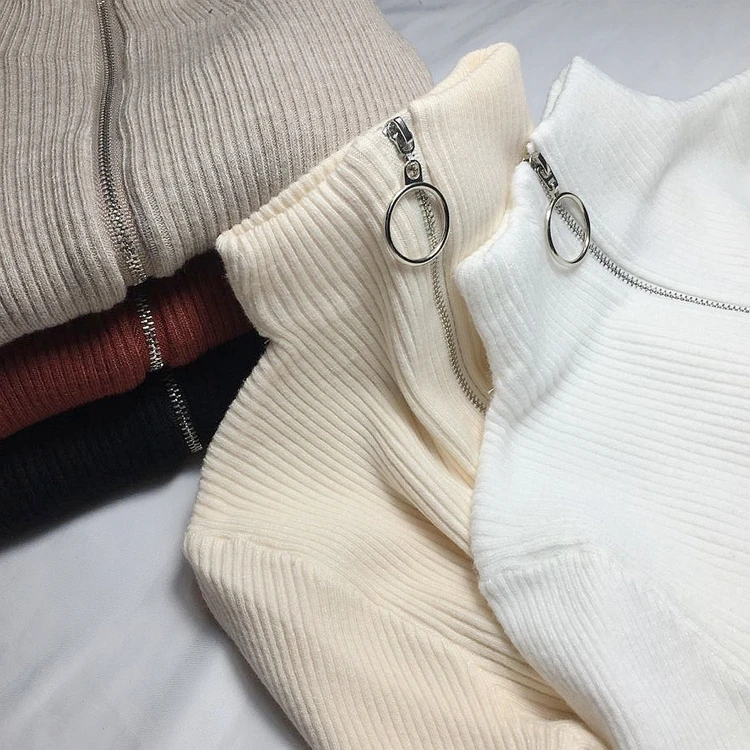 

Casual Knitted Turtleneck Pullovers Sweater Women 2019 Autumn Winter Zipper Up Solid Slim Knitting sweaters Big Size Pull Femme