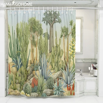 

Green Tropical Plants Shower Curtain For Bathroom Waterproof Print Cactus Succulents Bath Curtain With Hooks 3D Shower Curtains