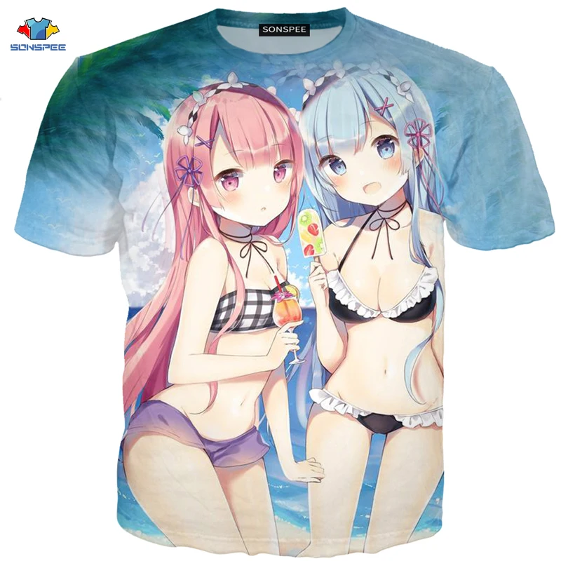 Футболка SONSPEE мужская с коротким рукавом модная рубашка аниме Re:zero Twin Ram Rem костюм