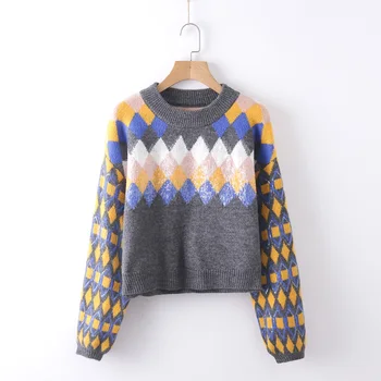 

Fashion Za 2020 women sequined diamond-knit Slip style grey yellow blue diamond pattern multiple colors sweater