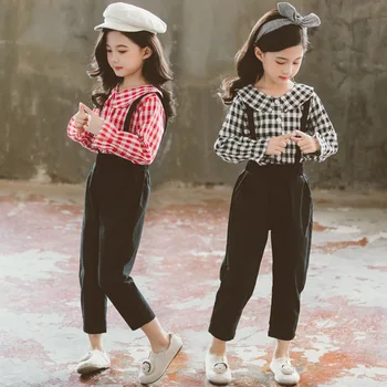 

2019 new children's clothing girls autumn Korean children's suits foreign fashion girls plaid bib two-piece