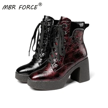 

MBR FORCE 2020 New Patent Leather British Short Ankle Boots Lace Up Ladies Fashion Round Toe Zipper Shoes Ladies Ladies Wine Red
