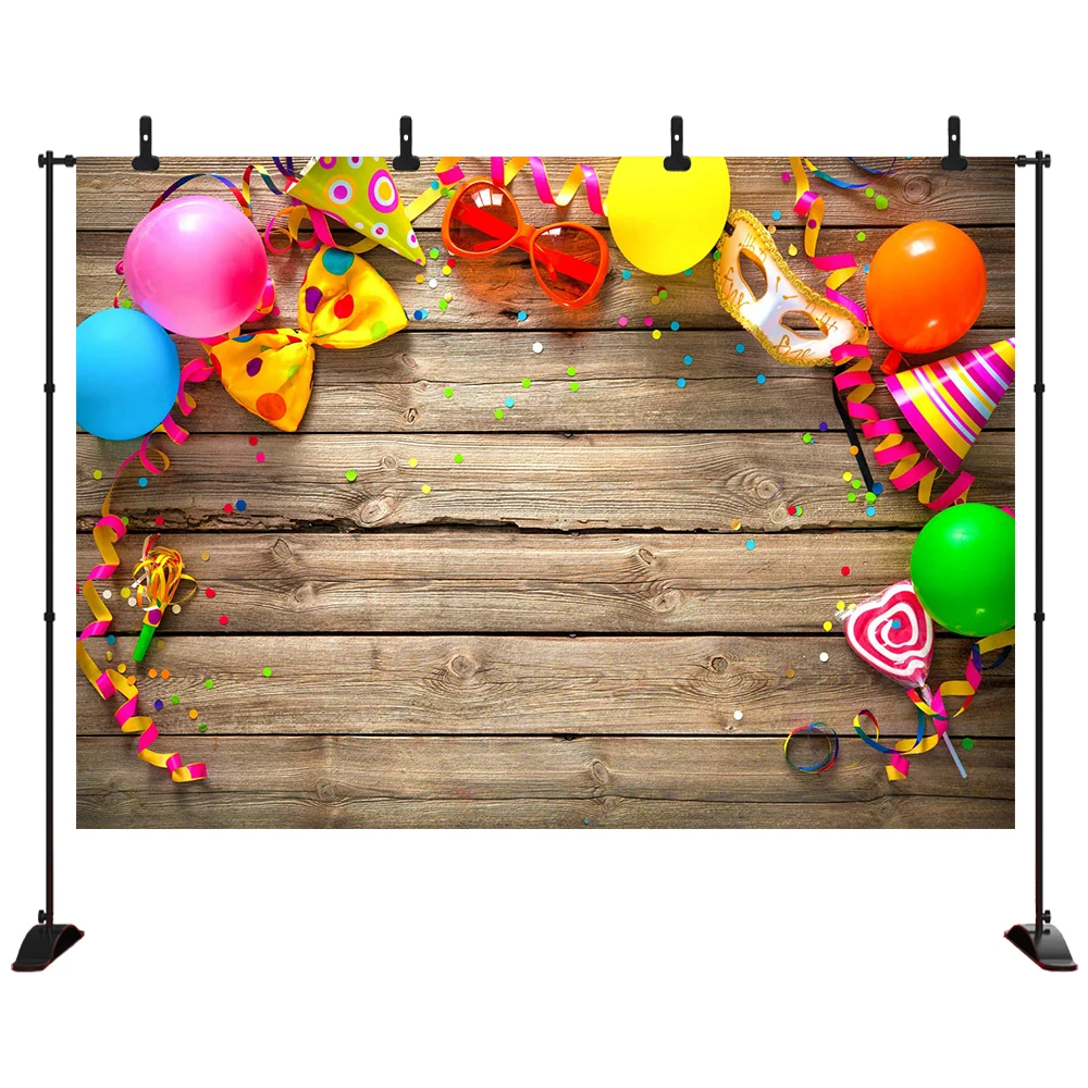 

For Memories Wood Photography Backdrops Colorful Carnival Balloons Streamers Photo Background for Birthday Party