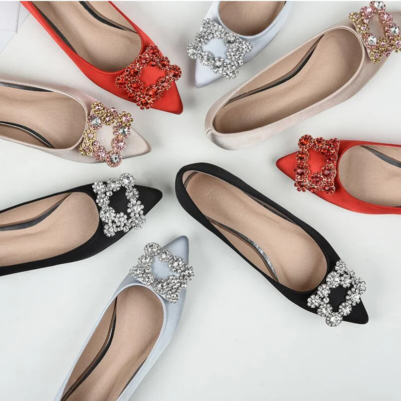 New 2021 Women Flat Ballet Shoes Bling Crystal Pointed Toe Flats Shoes Elegant Lady Shoes Wedding Shoes Plus Size 34-43 2