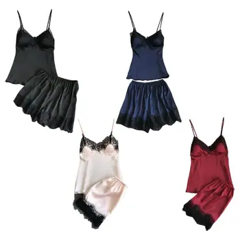 

Womens Sexy Satin 2Pcs Lingerie Set Push Up Padded Camisole Relaxed Shorts Eyelash Lace Patchwork Solid Color Babydoll Nightwear
