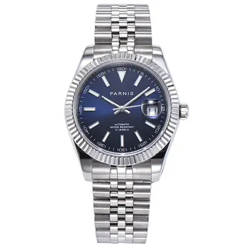

Classical Parnis 39mm blue dial luminous marks sapphire glass date magnifier miyota automatic movement men's wrist watch