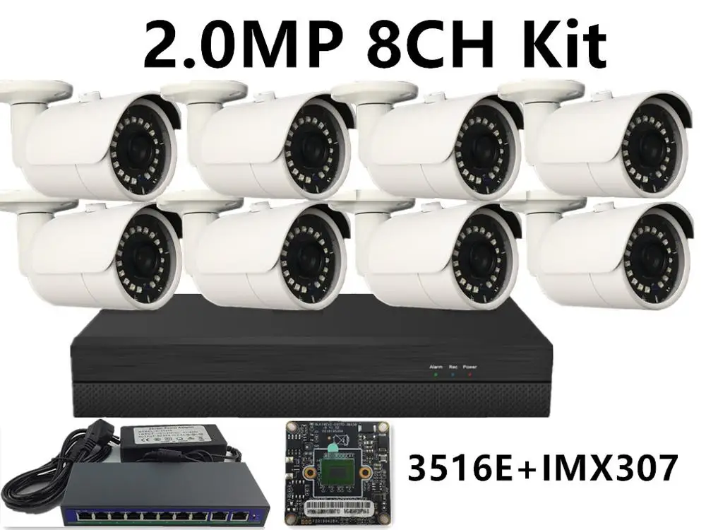 8CH IP комплект видеонаблюдения IP Металлическая Цилиндрическая камера видеонаблюдения 5.0MP 4.0MP 3.0MP 2.0MP IP66 Водонепроницаемый 16*5 Мп NVR 48 V/Свитч PoE IP камера ONVIF P2P облако - Цвет: 2.0MP 3516E IMX307