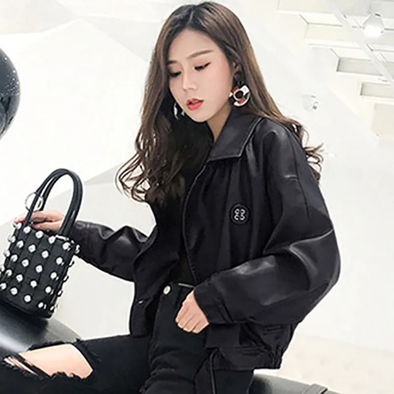 

Harajuku Short Women Loose Faux Soft PU leather jacket Chic Washed leather Motorcycle Biker jacket Autumn New Jaqueta Feminina