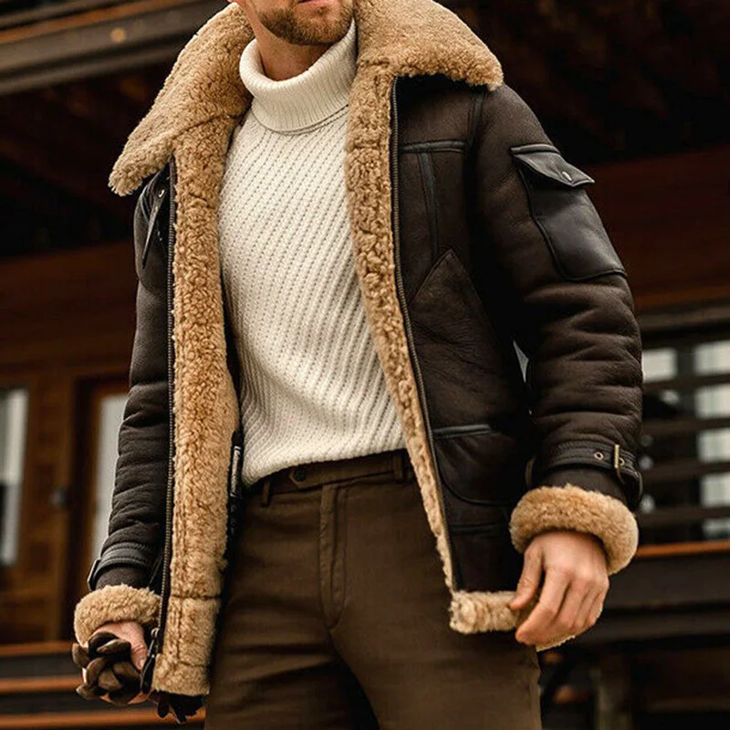 Men's Winter PU Jackets Thick Fleece Lined Bomber Flying Short Coats Zipper Closure for Outdoor Motor