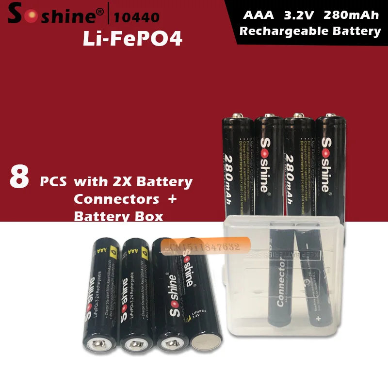 8 шт/лот Soshine 10440 батарея 3,2 V 280mAh LiFePO4 батарея AAA с 2 разъемами для батарей+ батарейный блок
