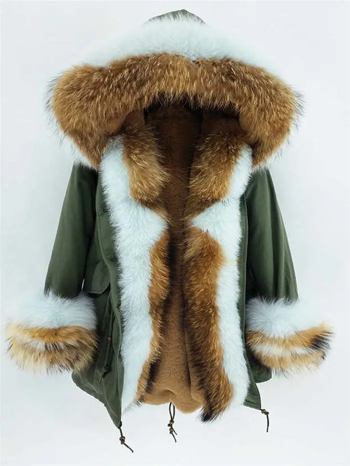 army green shell Роскошное Женское пальто с капюшоном и большим воротником из меха енота со съемным кроличьим подкладом, верхняя одежда, длинное зимнее пальто с натуральным мехом - Цвет: army green shell