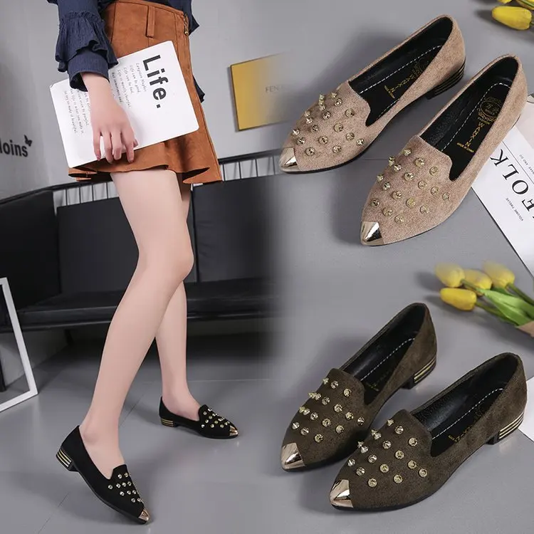 

Rivet Butterfly-knot With Women Basic Low Heel Pumps Pointed Toe Solid Shallow Slip-On Single Shoes Casual PU Ladies Pumps