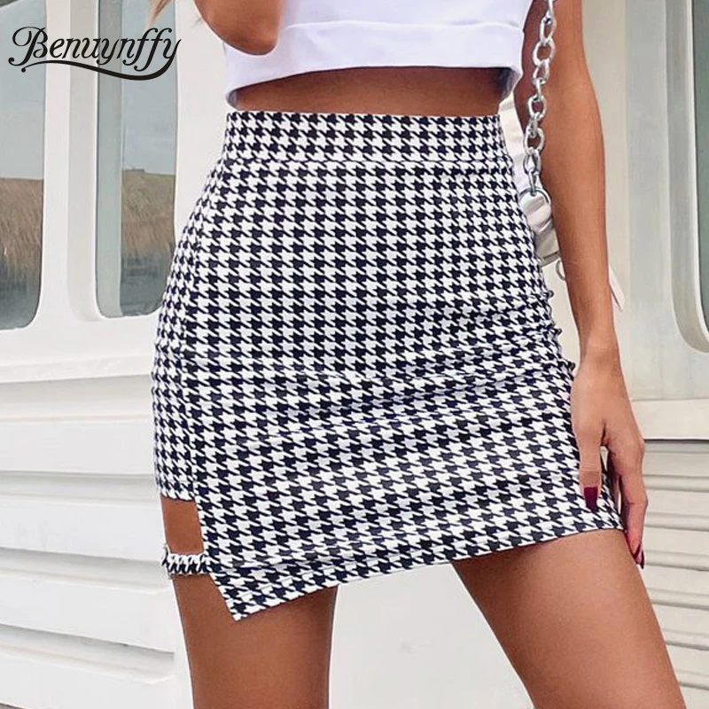 brown skirt Benuynffy Black and White Houndstooth Print Skirts Women 2021 Summer Fashion High Waist Cut Out Bodycon Mini Skirt Female tulle skirt