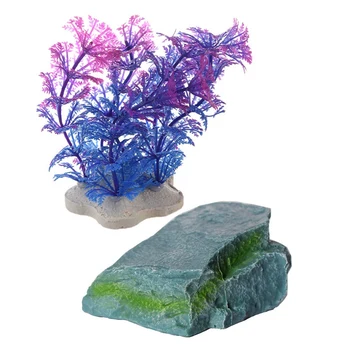 

2 Pcs Aquarium Decoration: 1 Pcs Artificial Plant 10CM Water Plant Purple + Blue & 1 Pcs Resin Terrace Hole Cave
