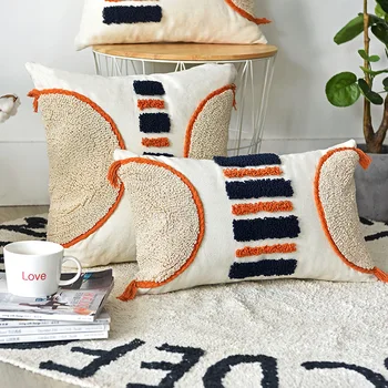 

Morrocca Style Cushion Cover Pillow Cover Handmade Orange Navy Stripe Tufted For Home decoration Sofa Couch Living Room Bed Room