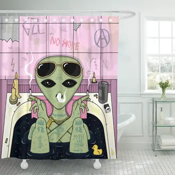

Trippy Alien Smoke and Chill in Bath Cigarette Glasses Shower Curtain Waterproof Polyester Fabric 60 x 72 Inches with Hooks