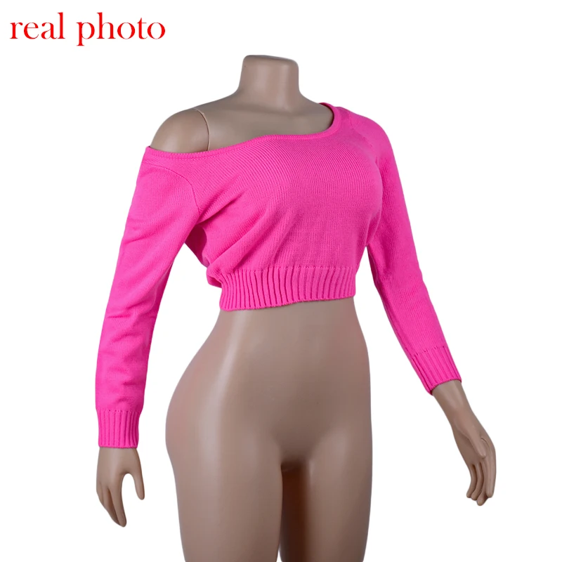 2020 Autumn Winter Pullover Sweaters Long Sleeve Solid Sexy Crop Tops Fashion Slash Neck Knitted Sweaters Female JKP3732