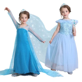 

Sequin Snowflake Print Girls Dress Anna Elsa 2 Costume Halloween Role-play Clothes Kids Elsa Dresses For Girls 4 5 6 7 8 9 10Yrs