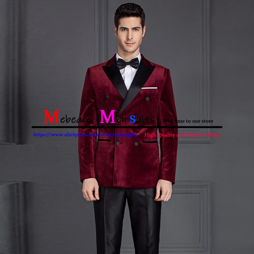 

Burgundy Velvet Men Suit Slim Fit 2 Pieces Jacket Pants Peaked Lapel Wedding Tuxedos Costume Groom Prom Blazers Trajes Hombre