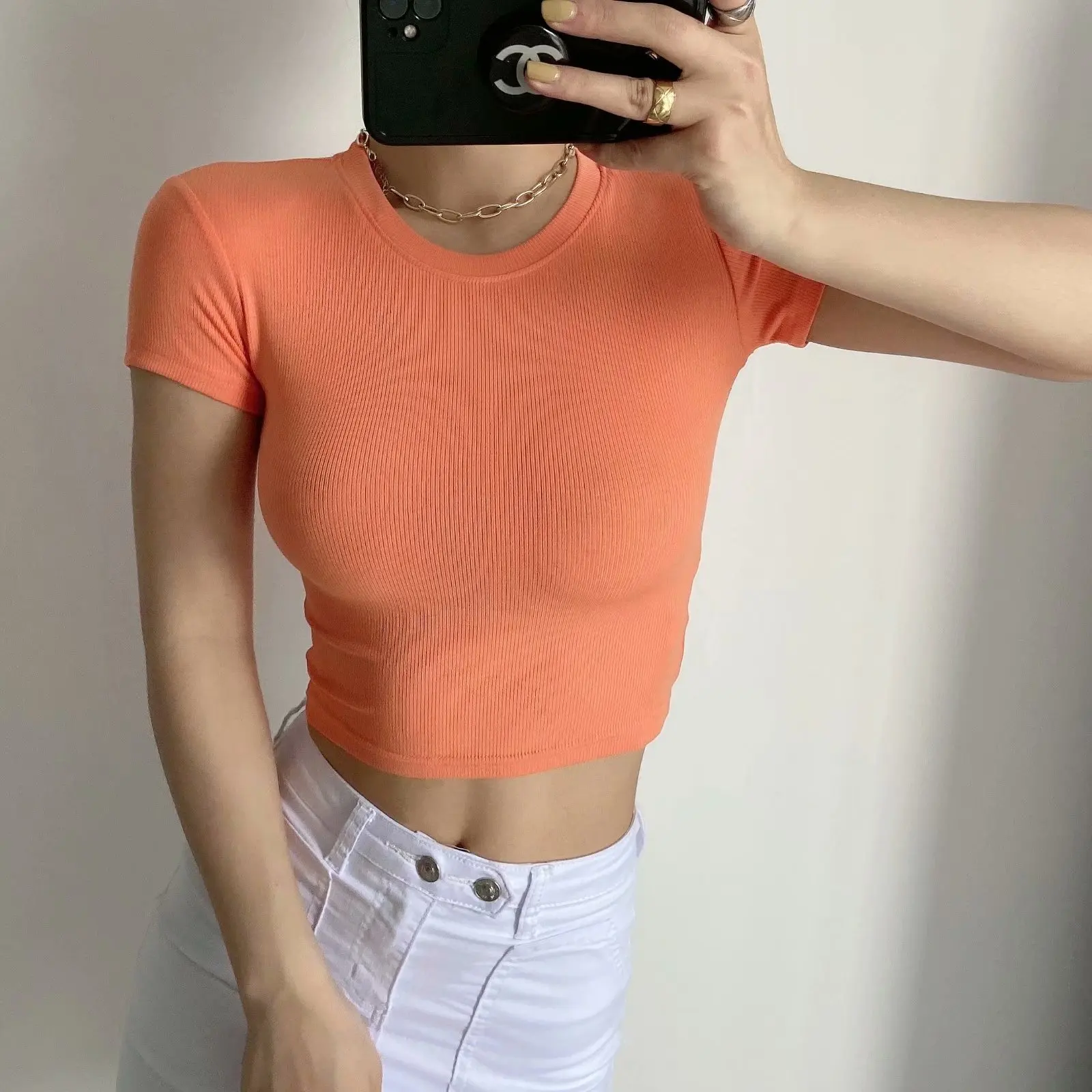 

Summer Sexy Knitted Bodycon Crop Tops T Shirts Women O Neck Short Sleeve Skinny Tshirt Casual Slim Stretch Basic Tees Clothes