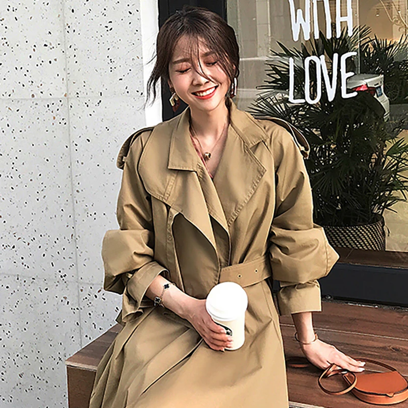 Women Trench Coat Autumn Casual Belt Waist Long Coat Turn Down Collar Long Sleeve Windbreaker Trench Fashion Outwear