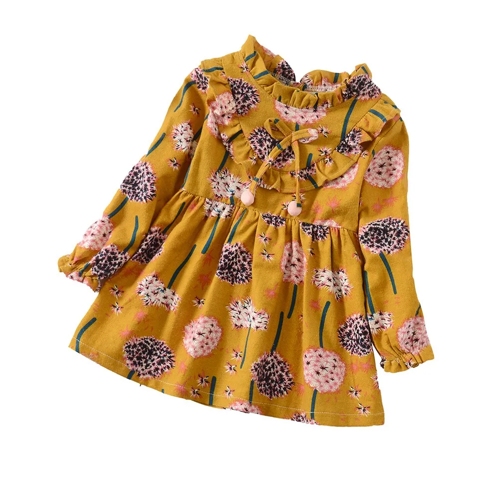 Платье с длинными рукавами для маленьких девочек; платье с цветочным принтом; Vestido; одежда; праздничное платье принцессы; vestidos; сезон осень - Цвет: Yellow